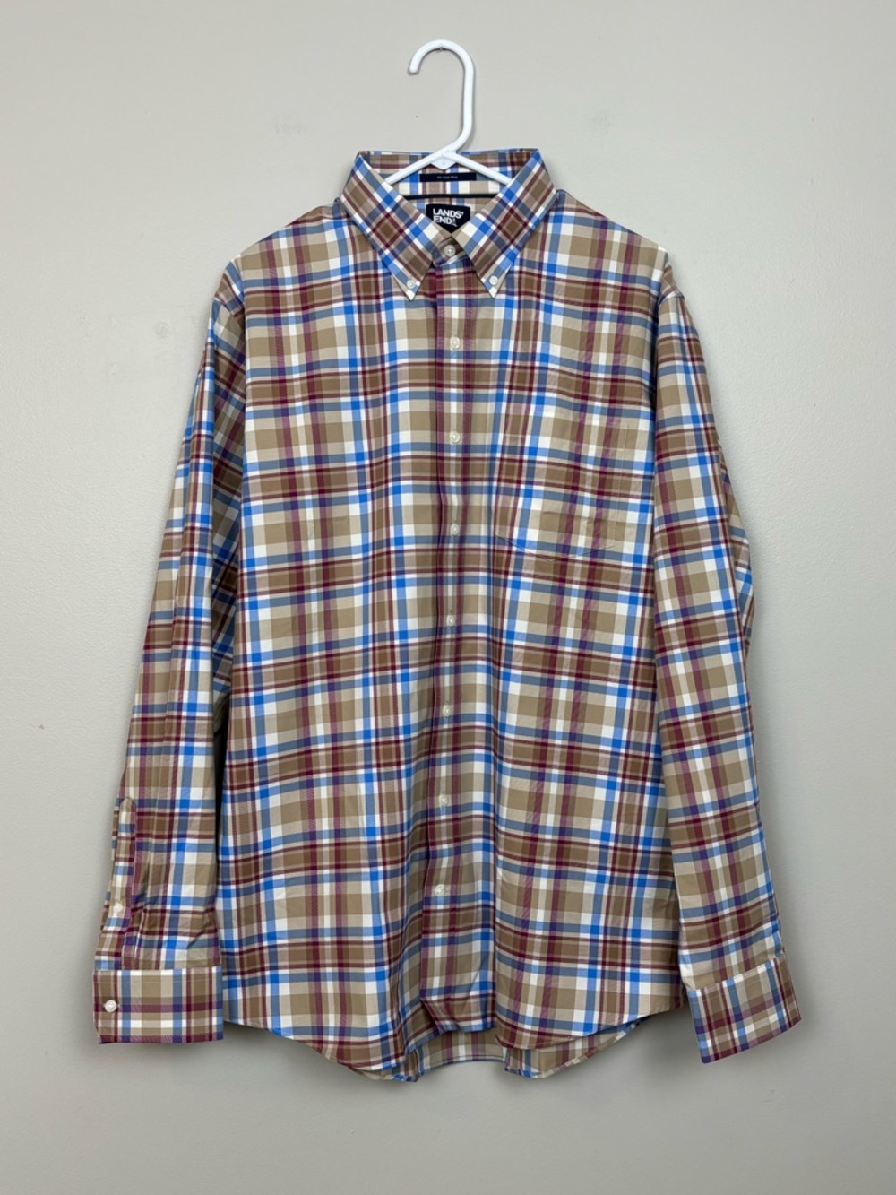 Lands End Shirt Mens LT Brown Multi No Iron Twill Button Down Plaid Long Sleeve